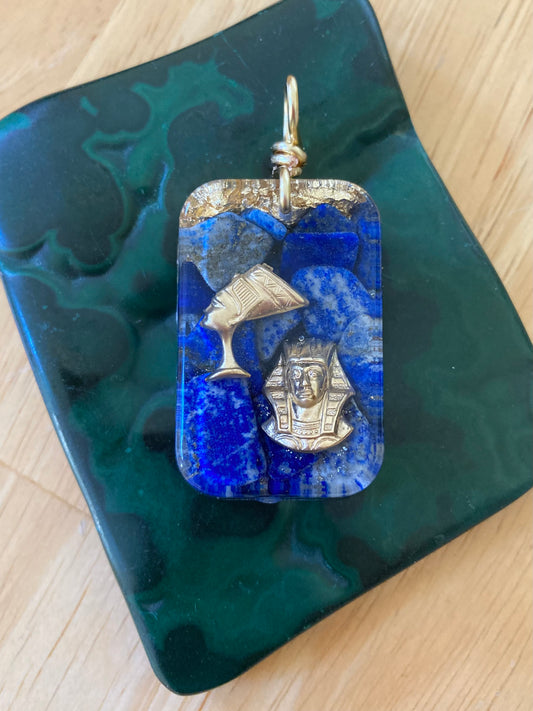 Handcrafted Lapis Lazuli Nefertiti and Pharaoh Pendant